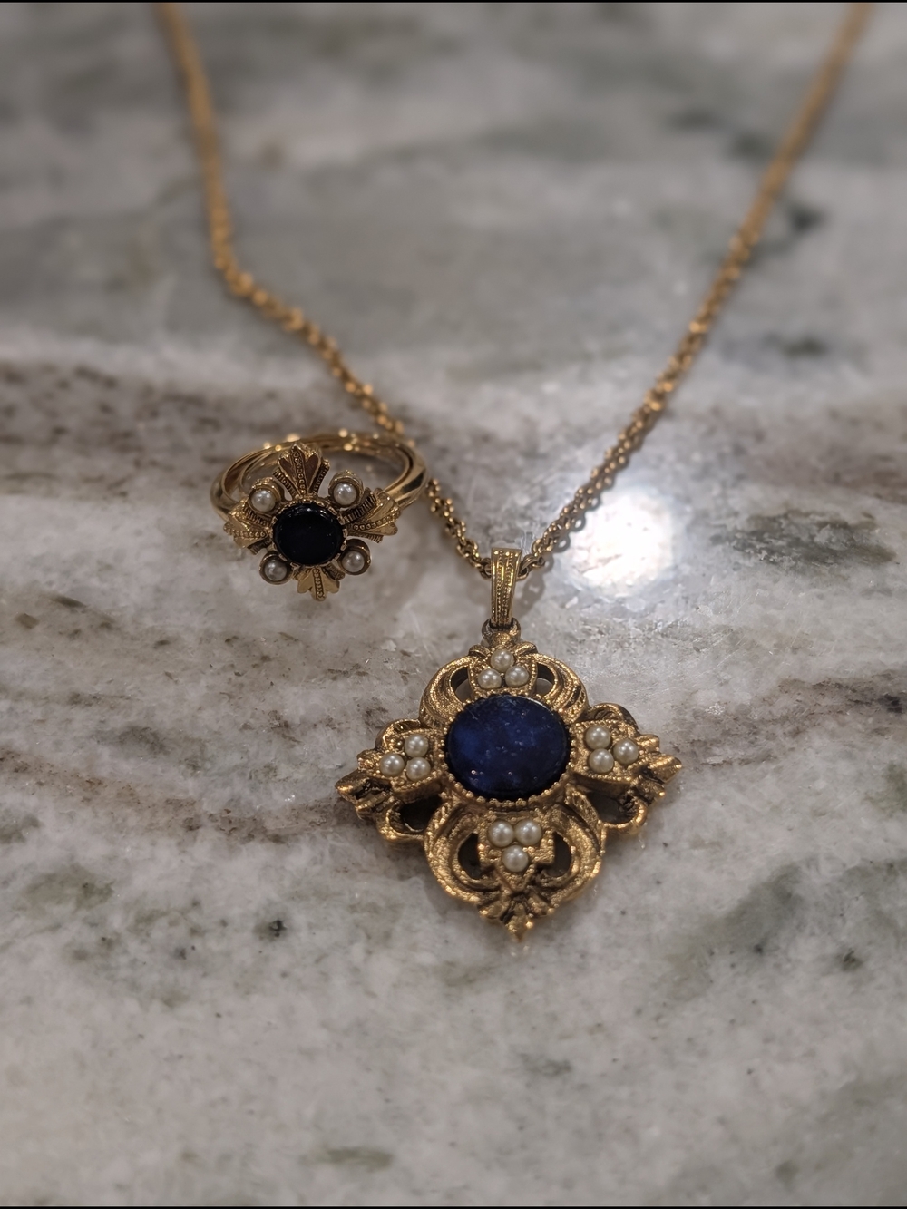 Avon Lapis Lazuli and Pearl Necklace And Ring